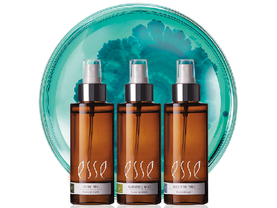Three brown bottles labeled "Esse" are placed in front of a decorative green-blue circular plate. Each bottle has a spray nozzle and contains different skincare products.