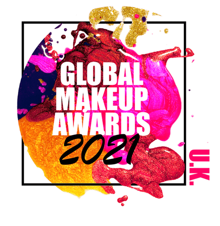 A vibrant logo for the Global Makeup Awards 2021 with bold colors like gold, red, pink, and orange splashes. The text "GLOBAL MAKEUP AWARDS 2021" is prominently displayed in white and black font. The letters "U.K." are written in pink on the right side.