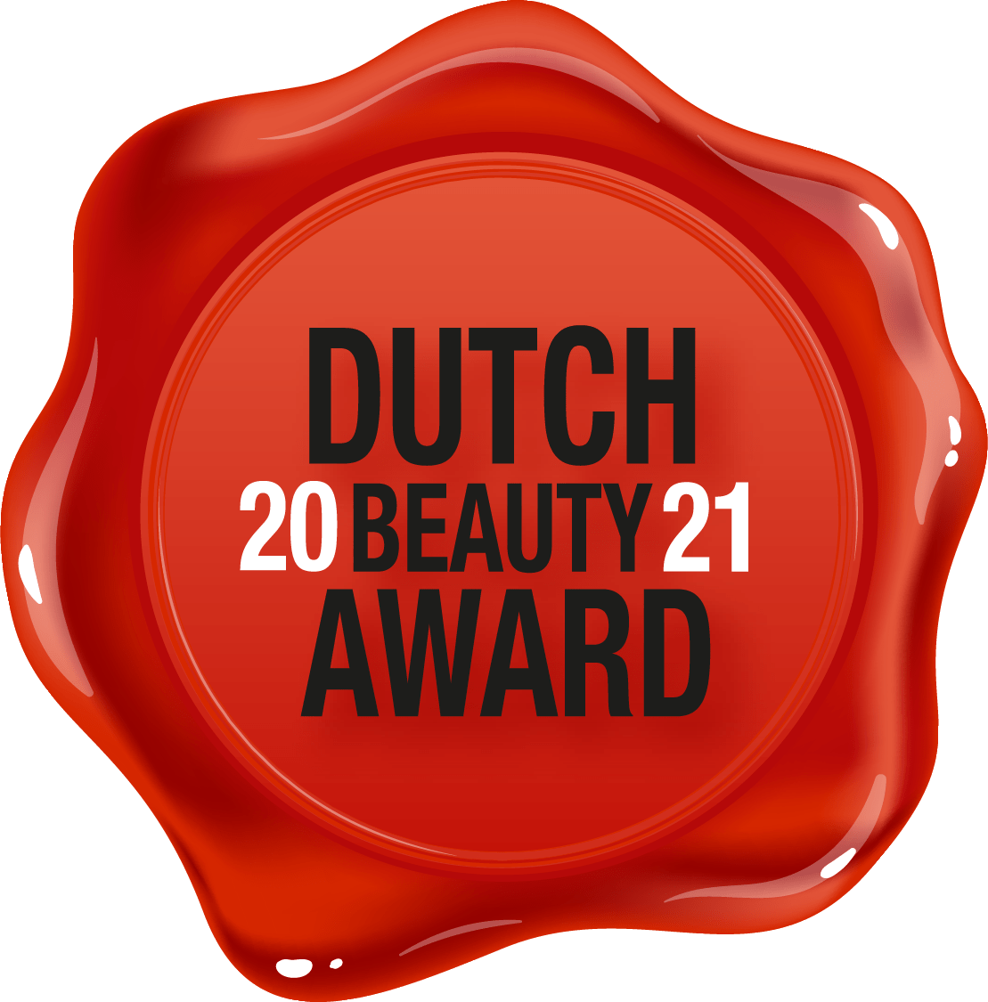 A red wax seal with the text "Dutch Beauty Award 2021" in bold black and white letters. The seal has an irregular, glossy shape, giving it a realistic wax appearance.