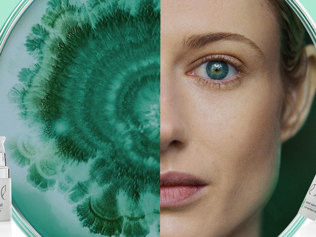 Desktop_Sliders A split image with two halves: the left side shows a green and white spiral, likely a microscopic view, with three Esse skincare products in front. The right side features a close-up of a woman's face, with two Esse skincare products placed in front of it.