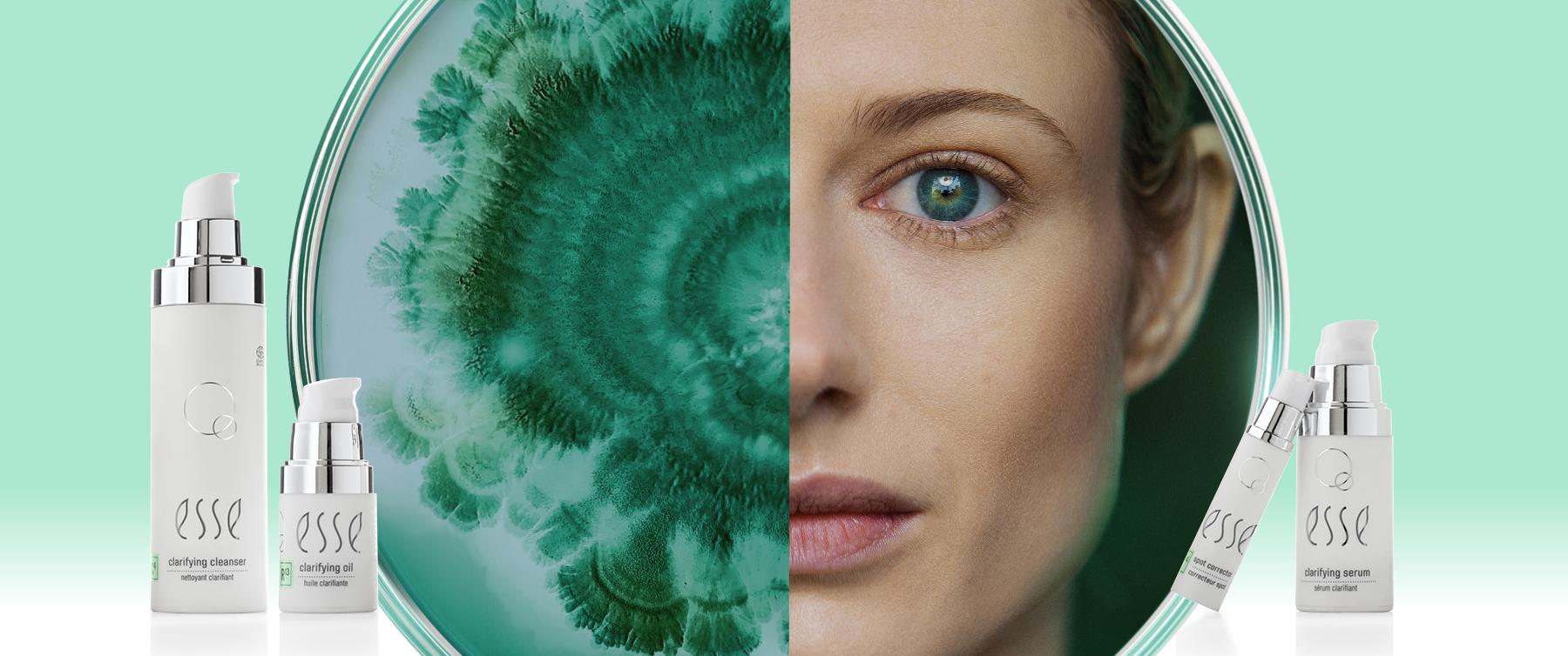 A split image with two halves: the left side shows a green and white spiral, likely a microscopic view, with three Esse skincare products in front. The right side features a close-up of a woman's face, with two Esse skincare products placed in front of it.