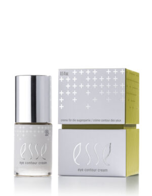 A bottle of Esse Eye Contour Cream with a silver cap sits beside its white and green box, both showcasing a minimalist design with plus signs and product details.