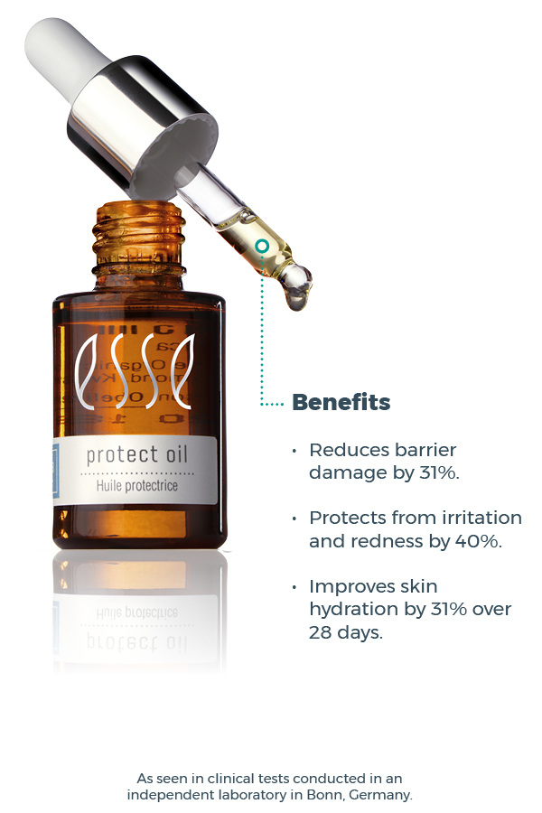 A brown dropper bottle labeled "Esse Protect Oil" with an applicator dispensing a drop of oil. Text beside the bottle highlights benefits: reduces barrier damage by 31%, protects from irritation and redness by 40%, and improves skin hydration by 31% over 28 days.