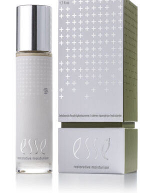 A bottle of Esse Restorative Moisturiser with a silver cap is placed beside its matching box, which features a silver and green design with plus signs and product details.