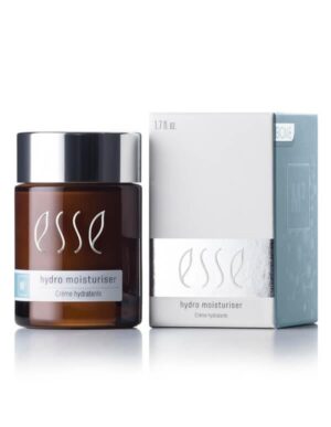 A brown jar of Esse Hydro Moisturiser, featuring a white and light blue label and a silver lid, is positioned next to its white and light blue packaging box. The box displays 1.7 fl. oz. along with product information.