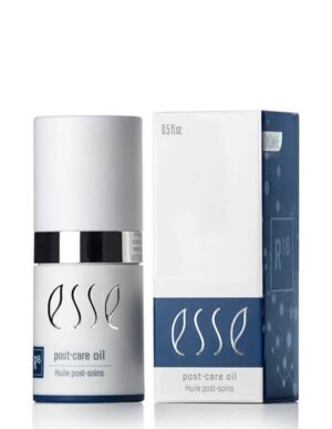 A 0.5 fl. oz. bottle of Esse Activator post-care oil is positioned next to its packaging box. The bottle features a white and silver design with the brand logo, while the box has a similar design with blue accents and scientific graphics on the side.