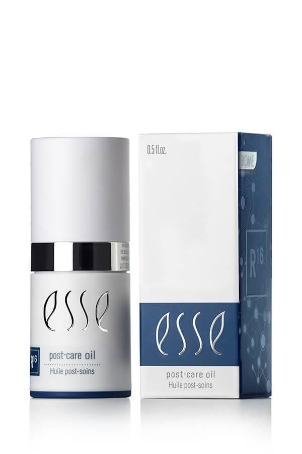 A 0.5 fl. oz. bottle of Esse Activator post-care oil is positioned next to its packaging box. The bottle features a white and silver design with the brand logo, while the box has a similar design with blue accents and scientific graphics on the side.