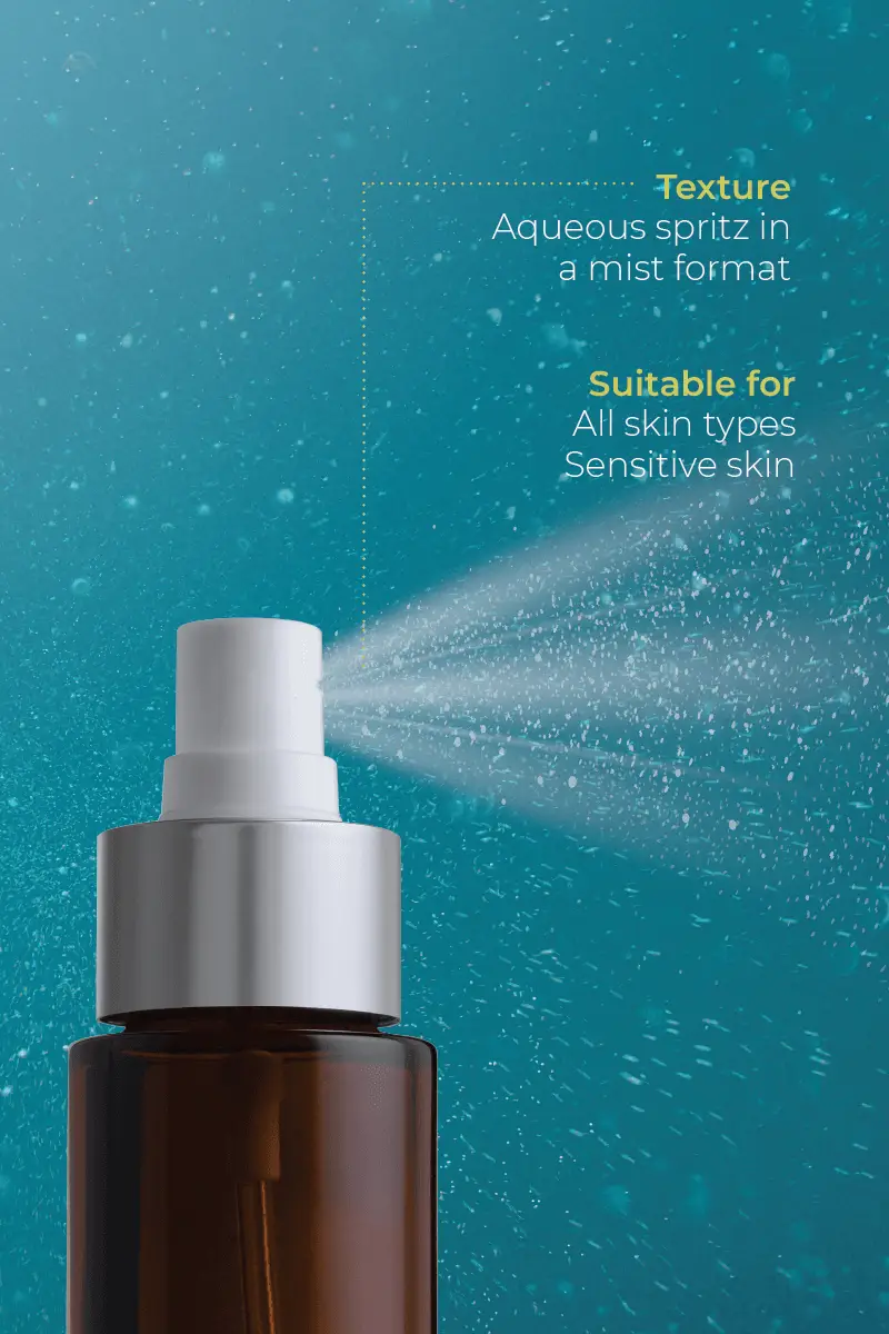 A brown spray bottle labeled "Live Probiotic Mist" releases a fine, aqueous mist suitable for all skin types, including sensitive skin, set against a blue background.