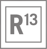 A gray "R" with a small "13" above and to the right, inside a double-lined square border on a white background, indicating a movie or game rating of R13.