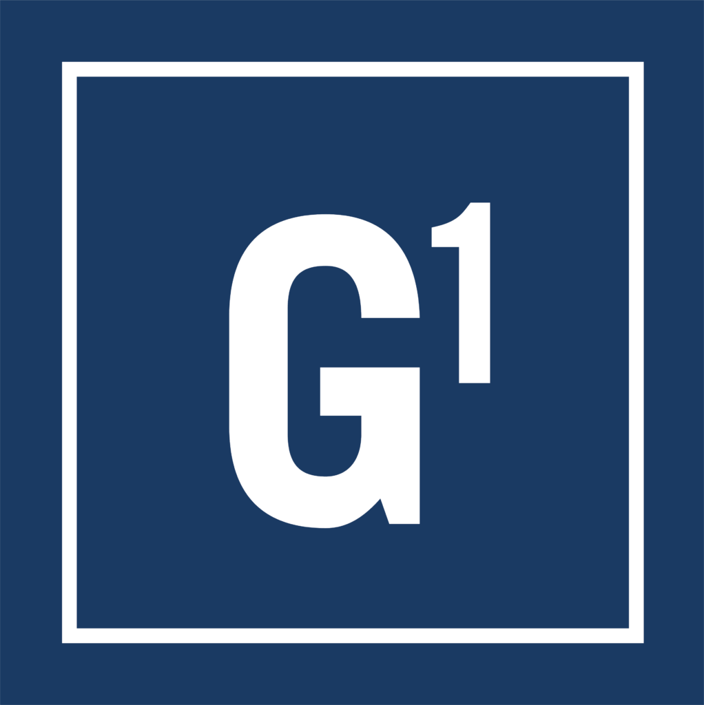 White capital letter "G" and superscript "1" in bold font, centered inside a white square border on a dark blue background.