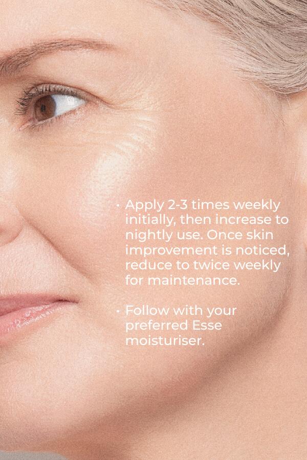Close-up of a woman's face with smooth, healthy skin. On-screen text: Apply Esse Probiotic Serum 2-3 times weekly, reduce to twice weekly after improvement, and follow with your preferred Esse moisturizer.